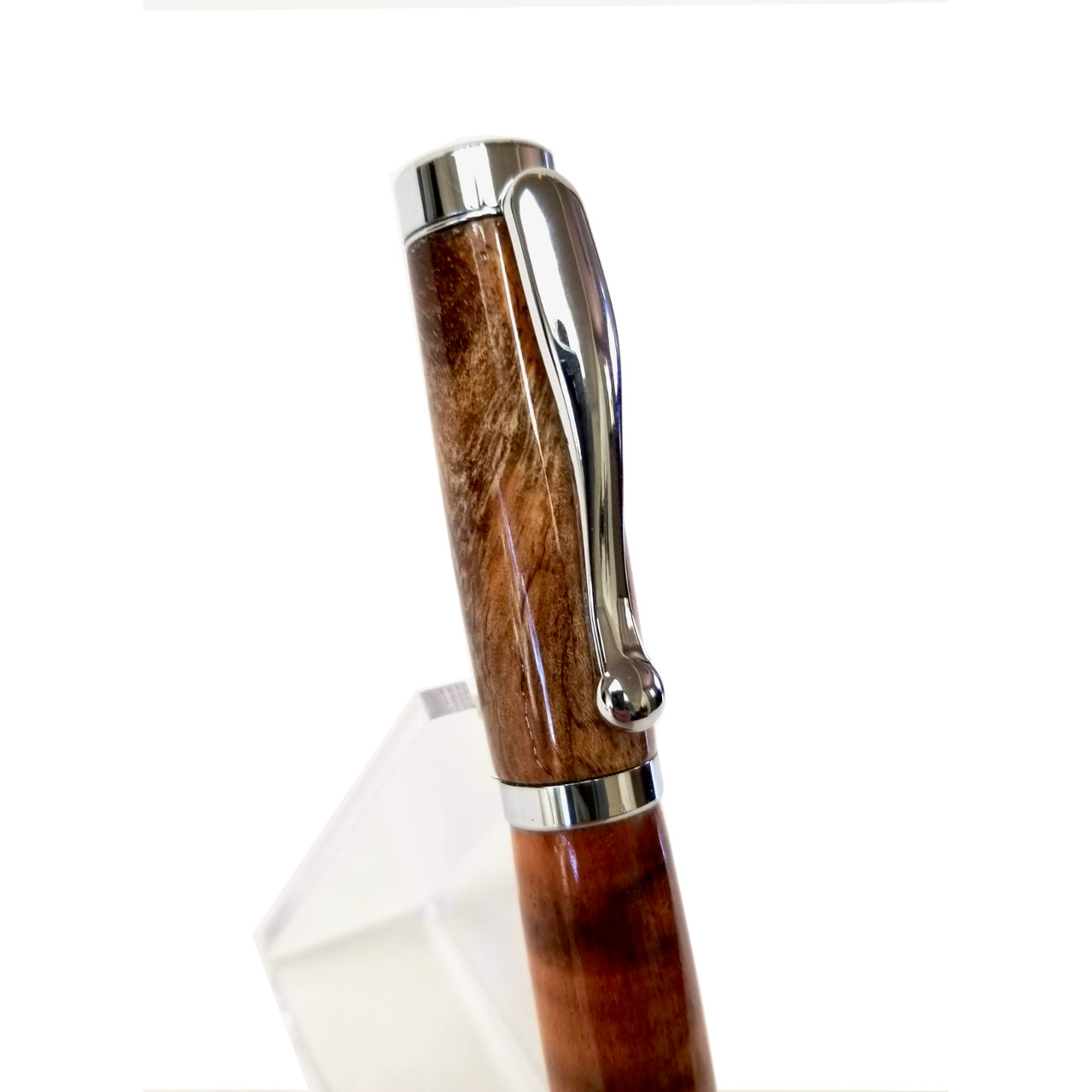 Rare Flame Box Elder hand turned pen with gold metal finish.
